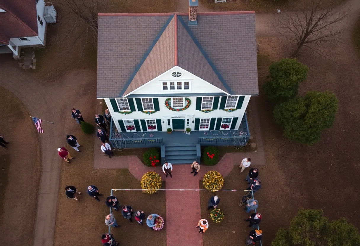 Reenactors celebrating George Washington's visit in Charleston with a historic house in the background.