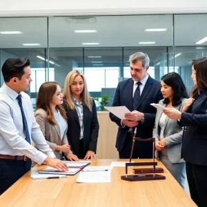 Diverse legal team at GMV Law Group discussing truck accident cases in the office.