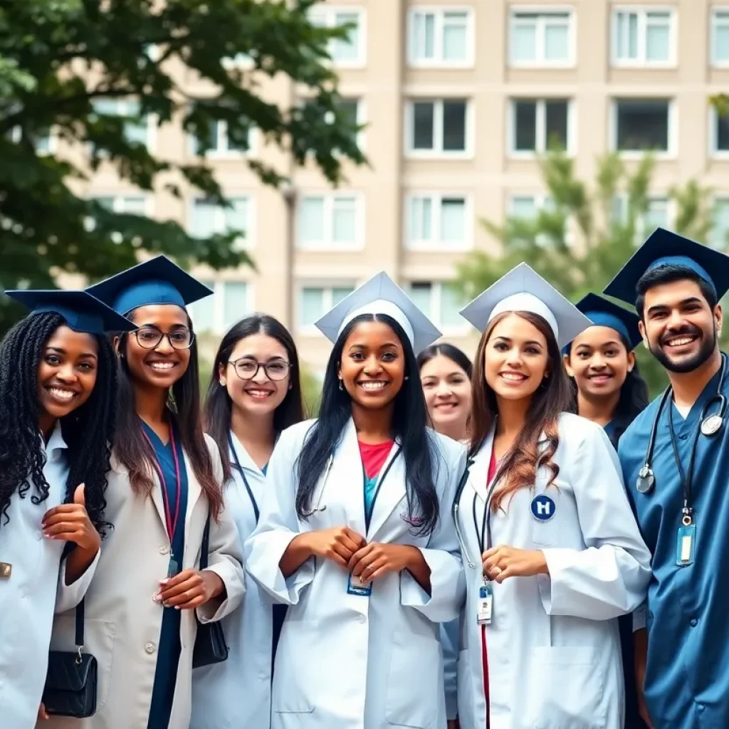 Medical students celebrating their graduation together on campus.
