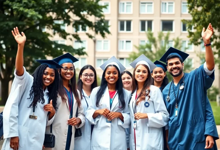 Medical students celebrating their graduation together on campus.