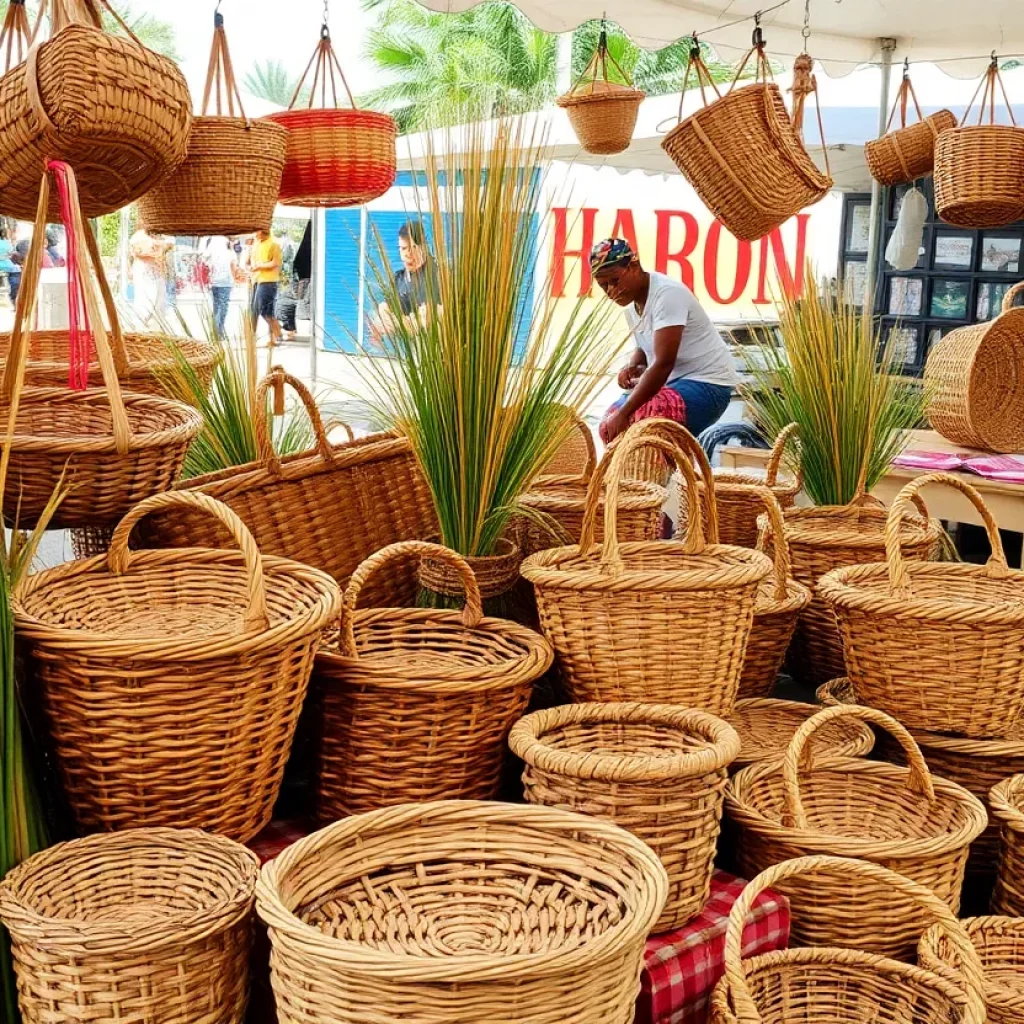 A collection of colorful sweetgrass baskets displayed at a market.