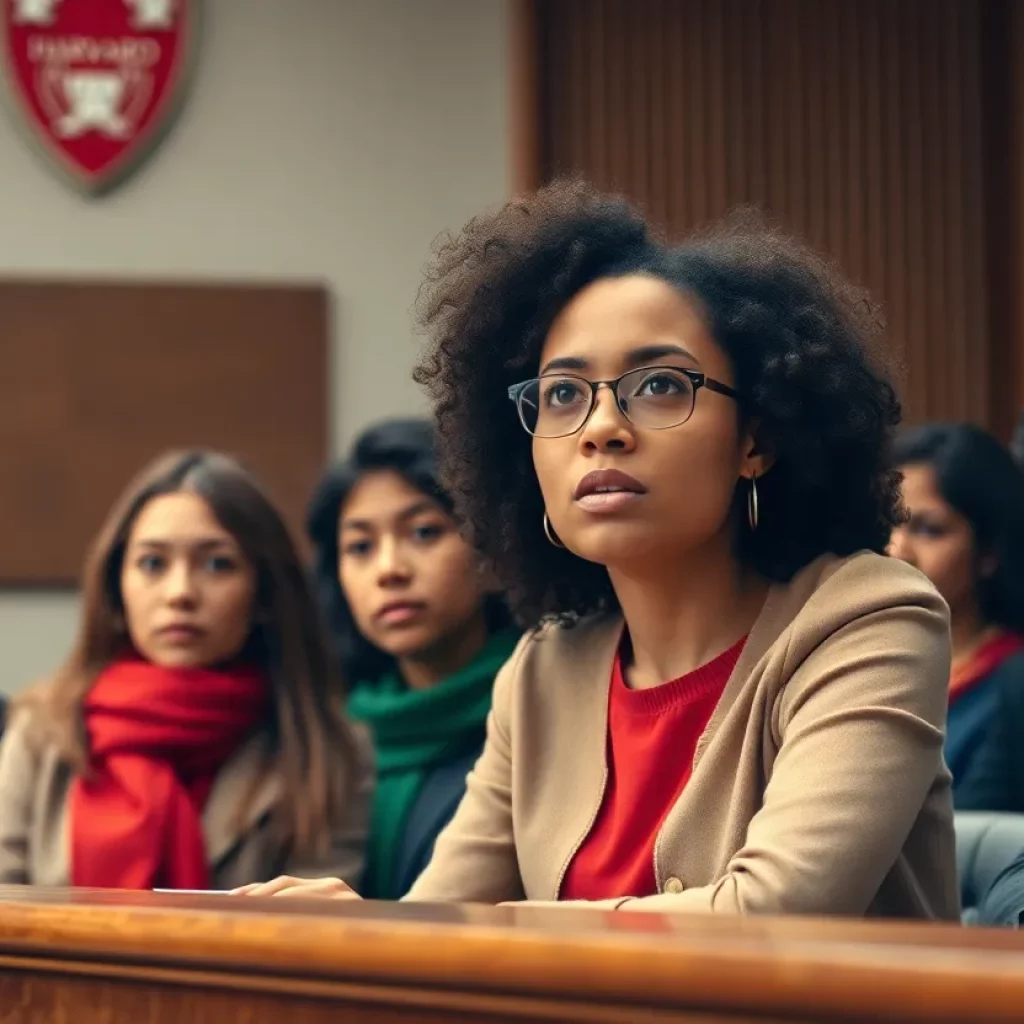 Courtroom scene with students during the Harvard legal battle