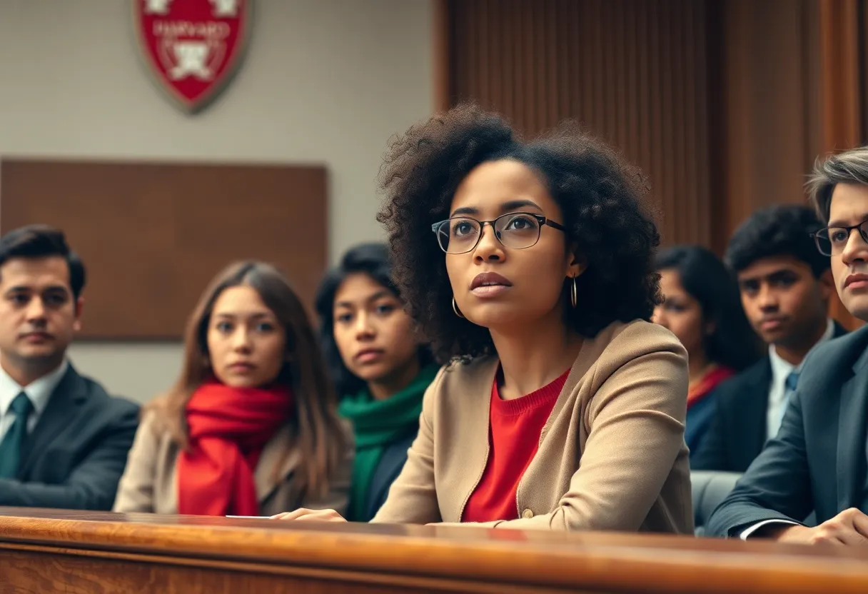 Courtroom scene with students during the Harvard legal battle
