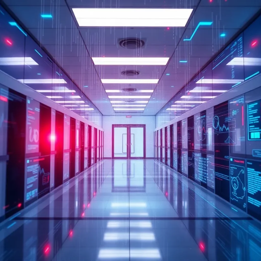 Illustration of a healthcare facility experiencing a cybersecurity crisis with digital elements.