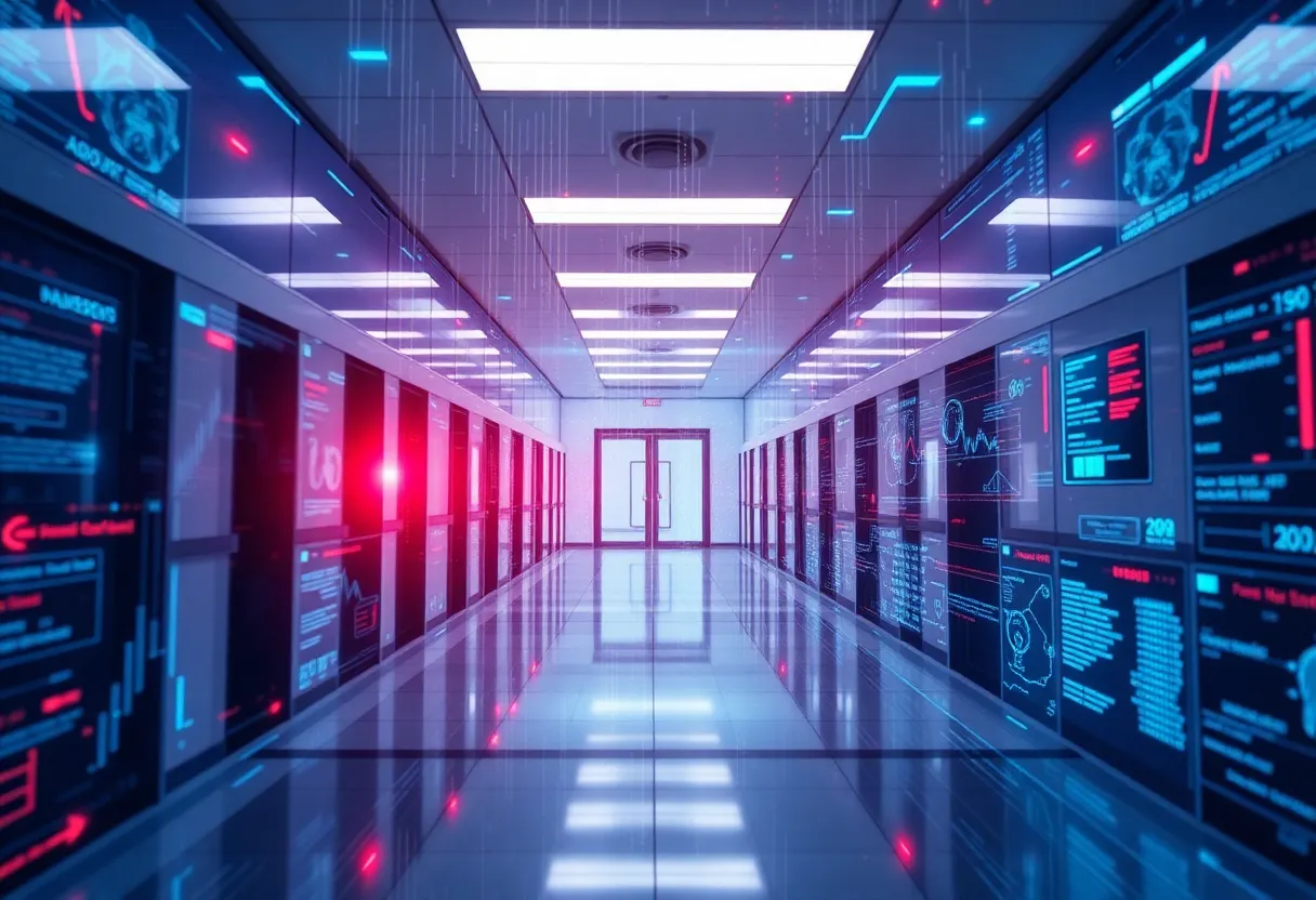 Illustration of a healthcare facility experiencing a cybersecurity crisis with digital elements.