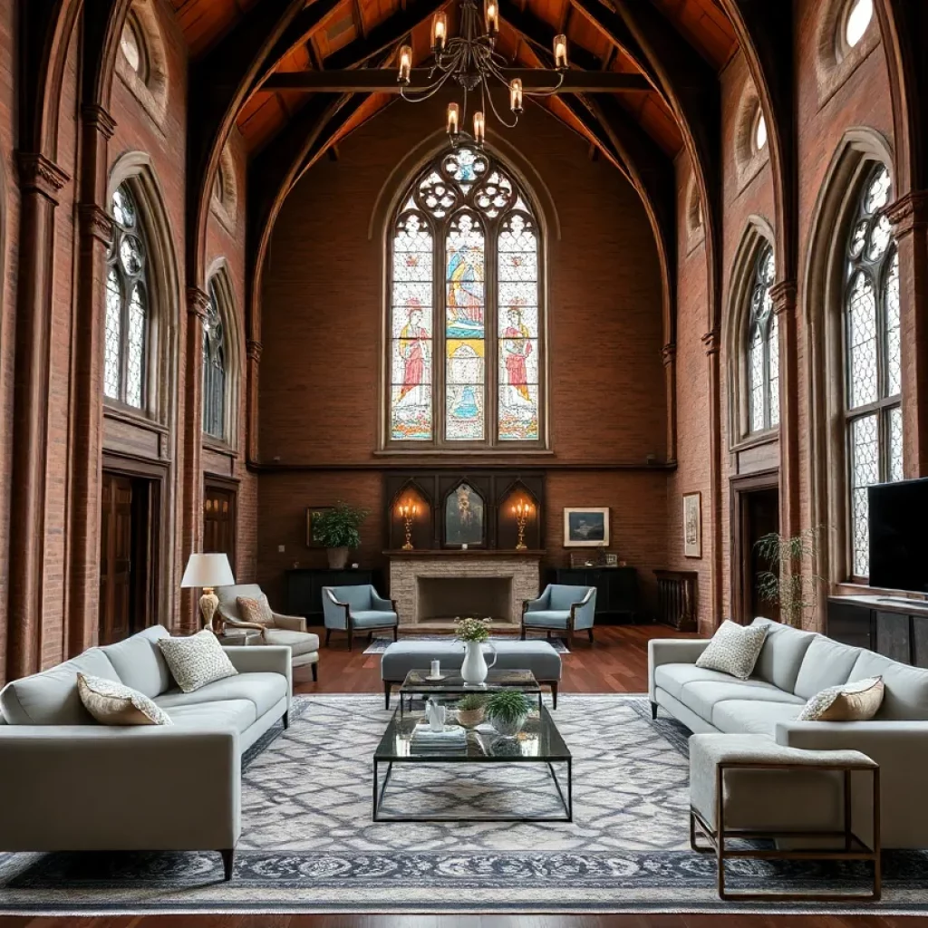 Living room of a renovated historic church home with stained glass windows