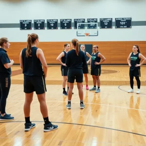 Coaching staff interacting with players on the basketball court during practice.