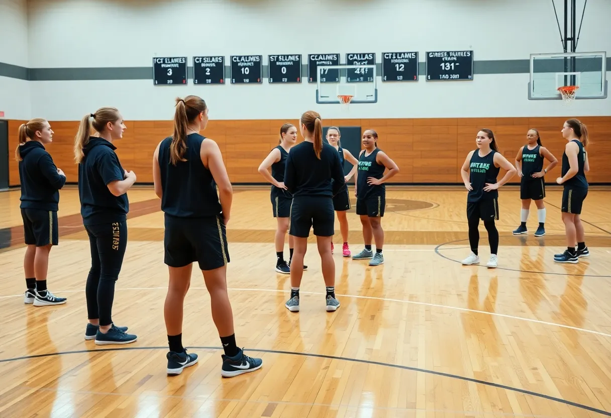Coaching staff interacting with players on the basketball court during practice.