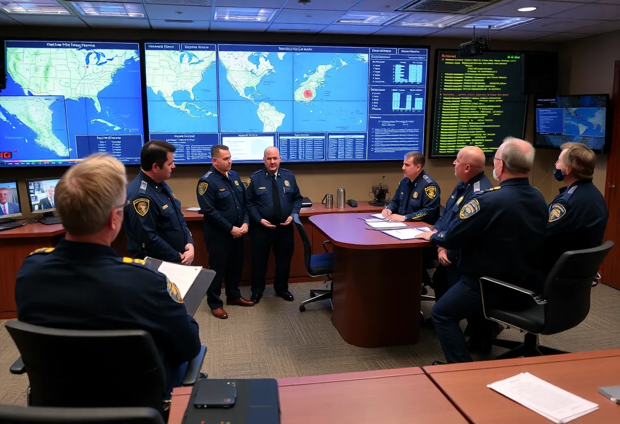 Emergency management officials discussing hurricane preparedness strategies