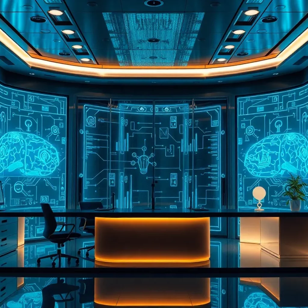 A modern law office with advanced technology and AI elements.
