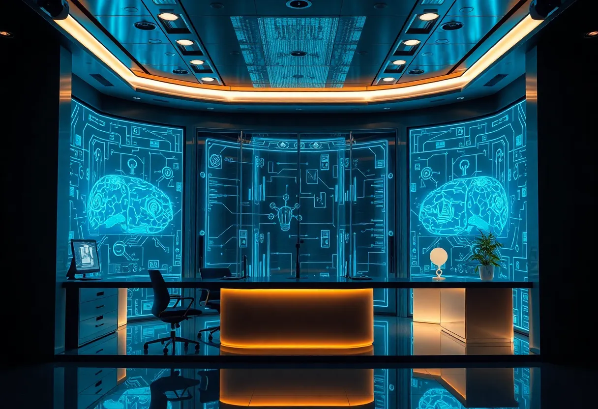 A modern law office with advanced technology and AI elements.