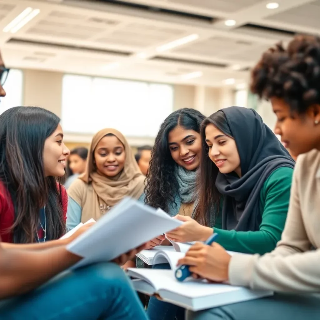 Group of international students studying and collaborating in a university setting