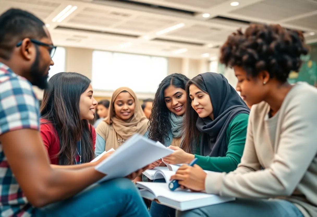 Group of international students studying and collaborating in a university setting