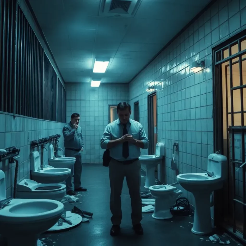 A view of a jail facility with broken security measures and clogged toilets.