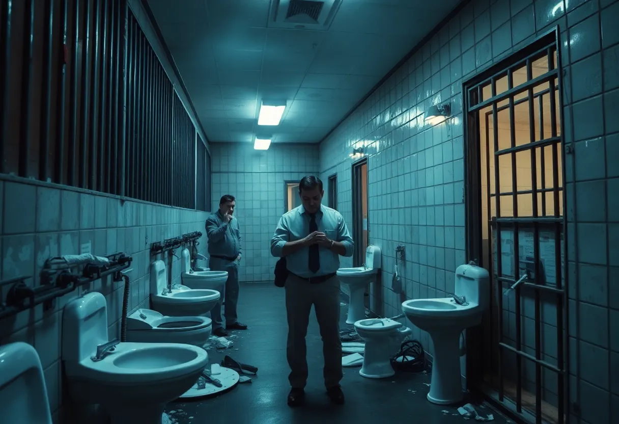 A view of a jail facility with broken security measures and clogged toilets.