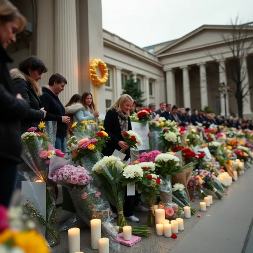 Memorial with flowers and candles outside the Jewish Museum