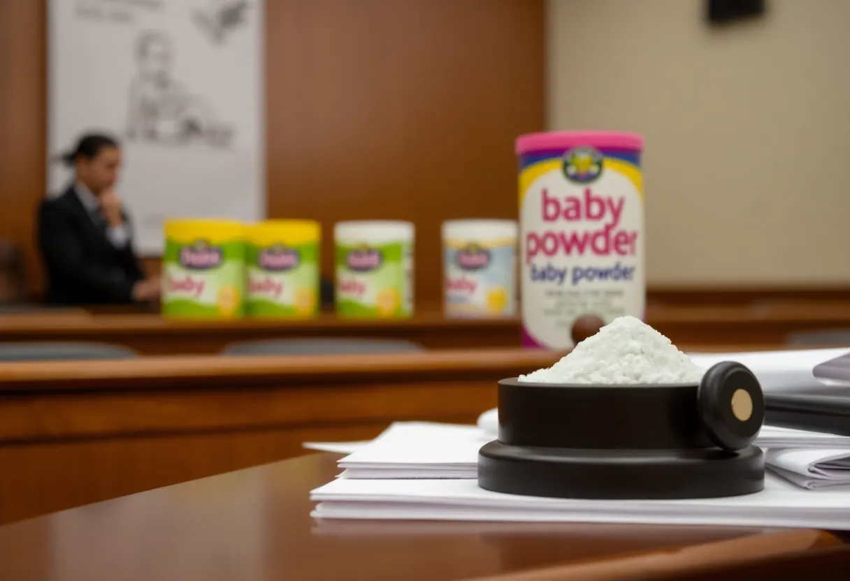 Courtroom environment depicting legal issues related to baby powder products.