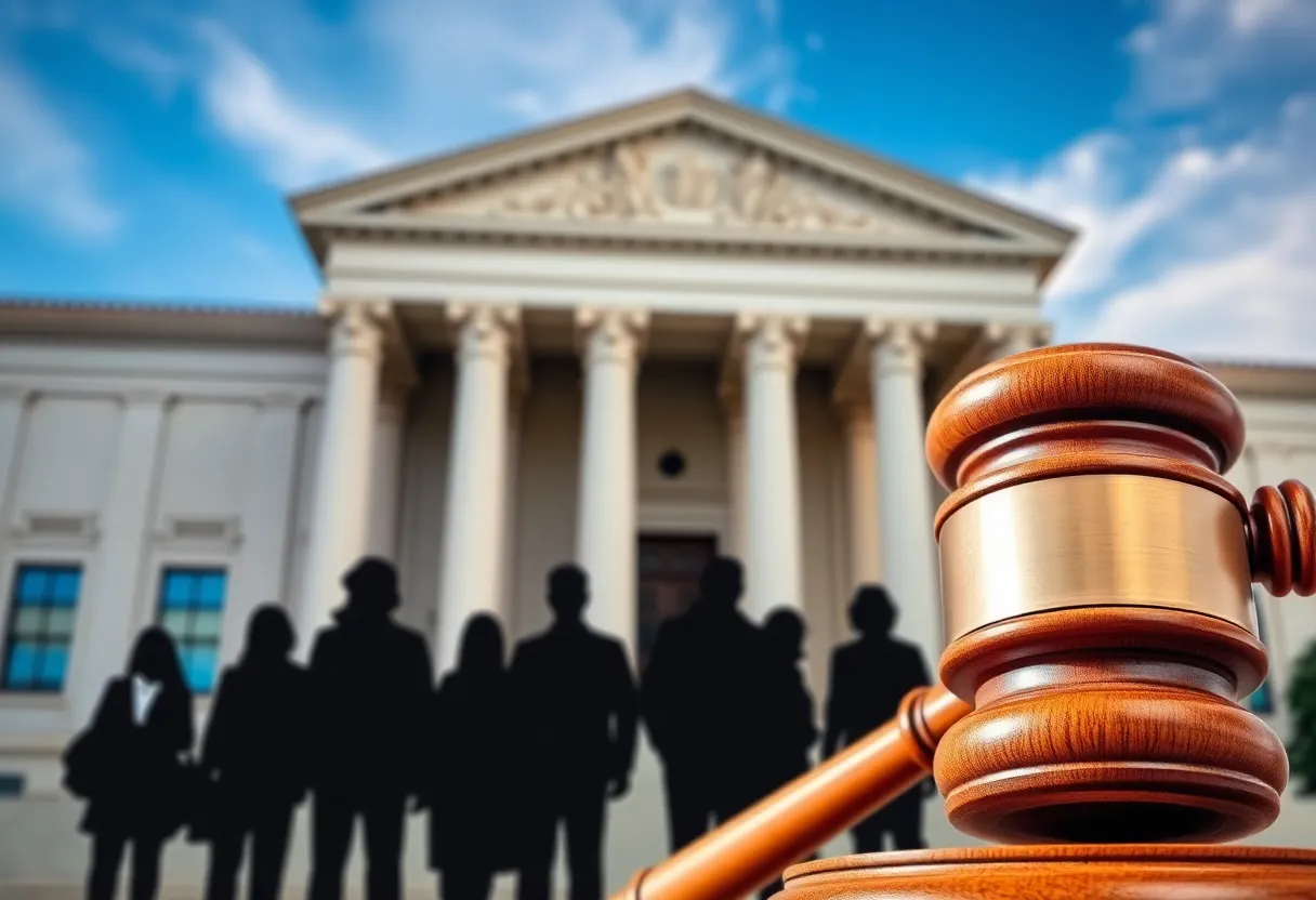 Symbol of justice with immigrant silhouettes