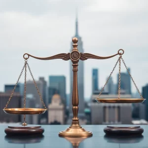 Scales of justice with the New York skyline in the background