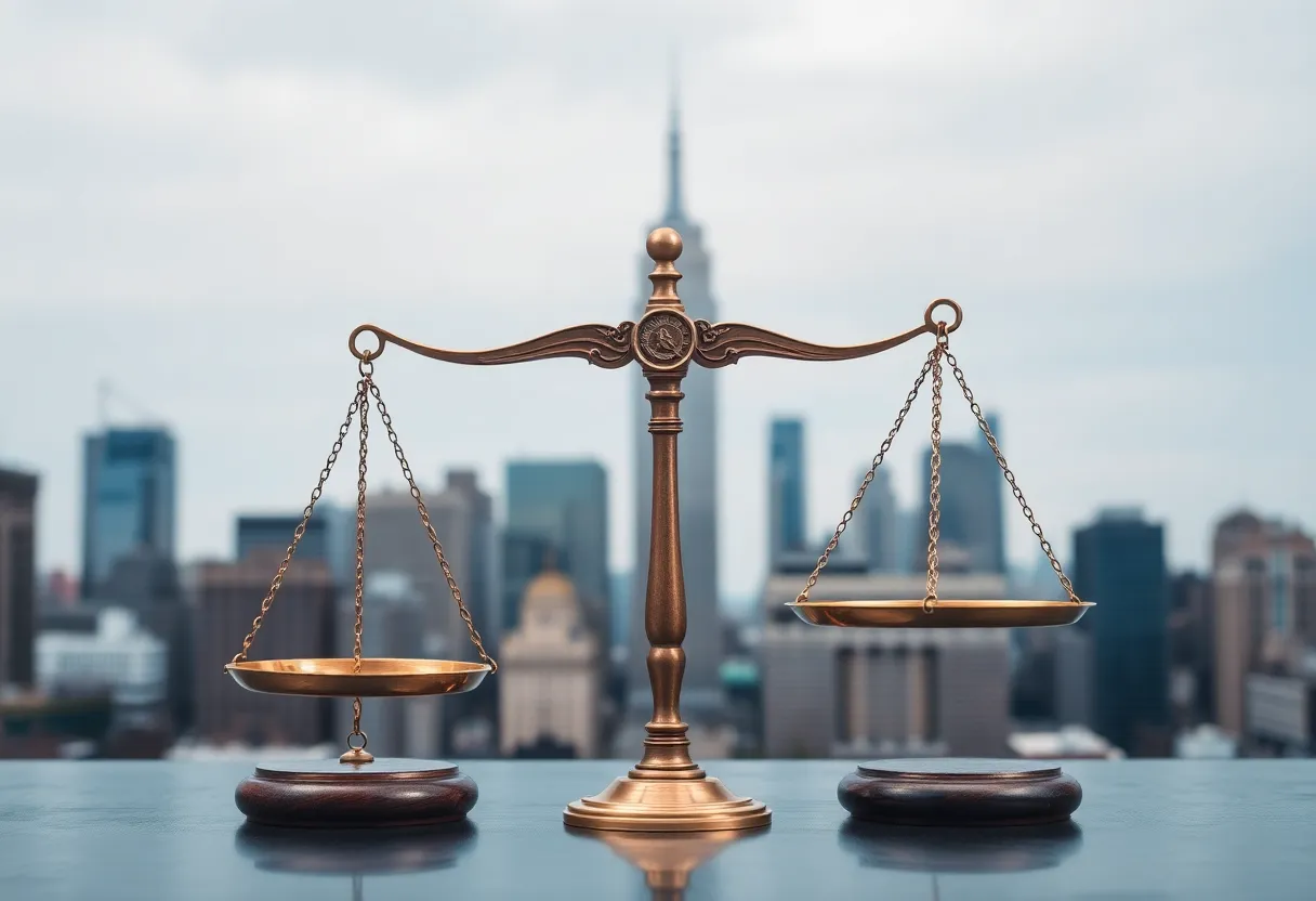 Scales of justice with the New York skyline in the background