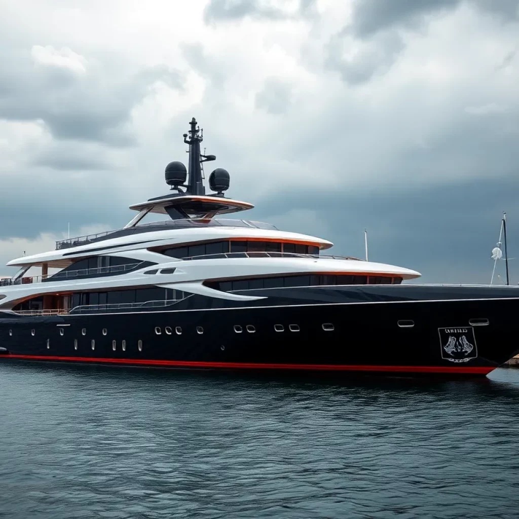 Superyacht 'King Baby' docked in Charleston harbor during a thunderstorm