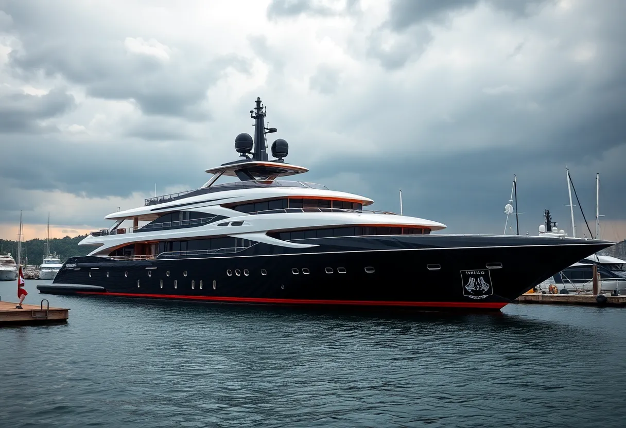 Superyacht 'King Baby' docked in Charleston harbor during a thunderstorm