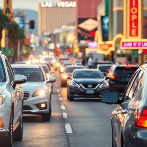 A busy Las Vegas street illustrating heavy traffic and pedestrians.