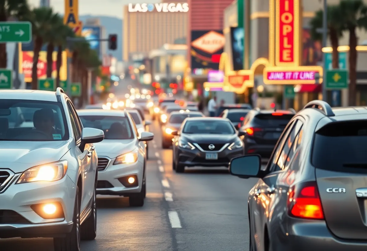 A busy Las Vegas street illustrating heavy traffic and pedestrians.