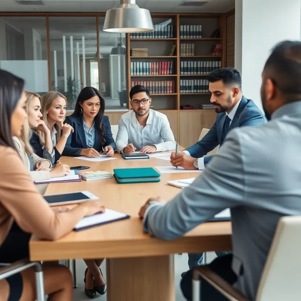 Diverse team of lawyers collaborating in a law office