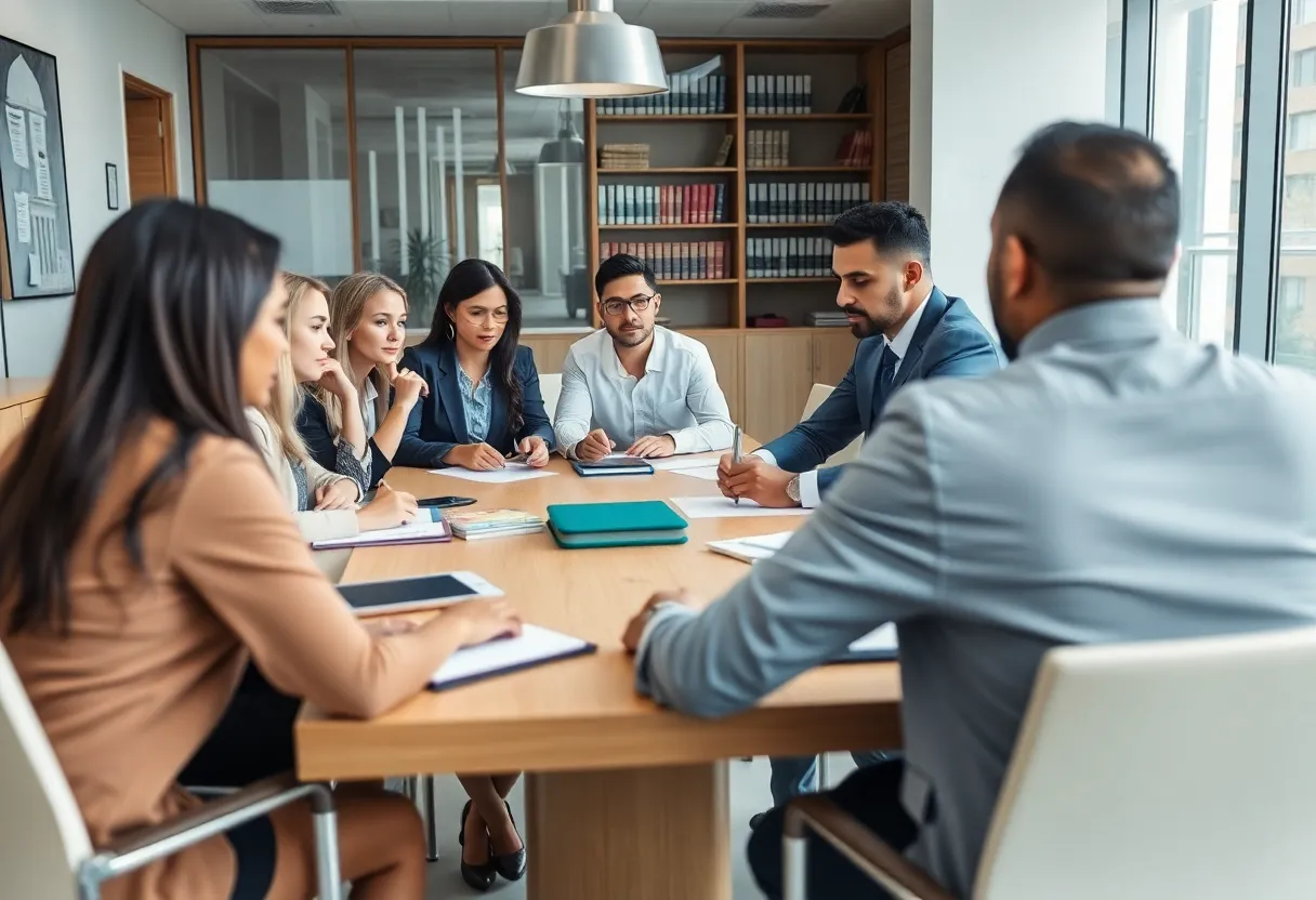 Diverse team of lawyers collaborating in a law office
