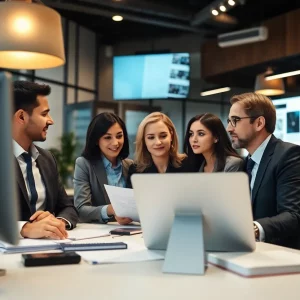 Lawyers discussing innovative strategies in a modern office