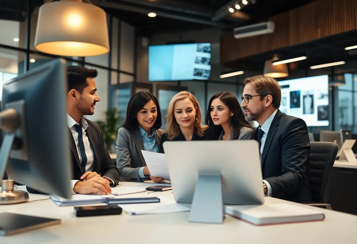 Lawyers discussing innovative strategies in a modern office