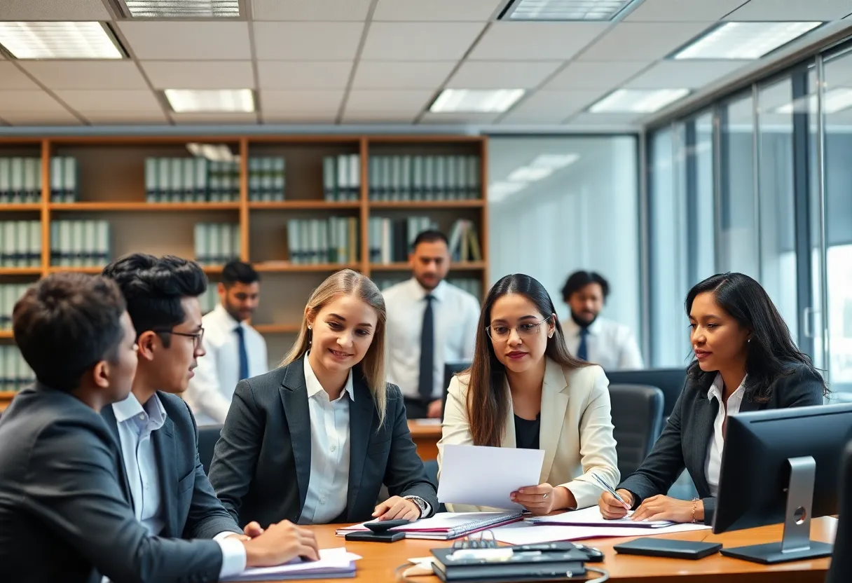 A diverse team working in a law office.