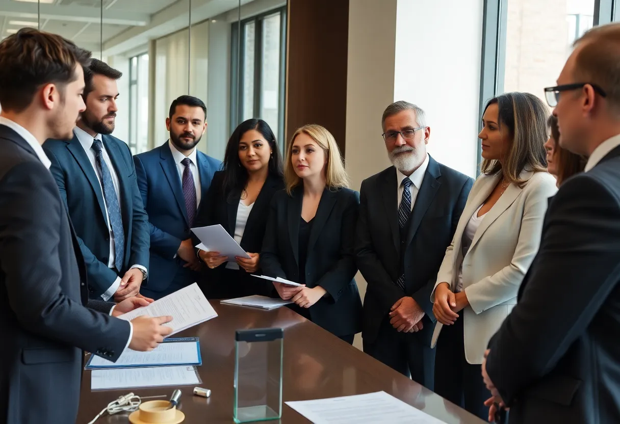 Diverse group of attorneys in a meeting discussing legal strategies.