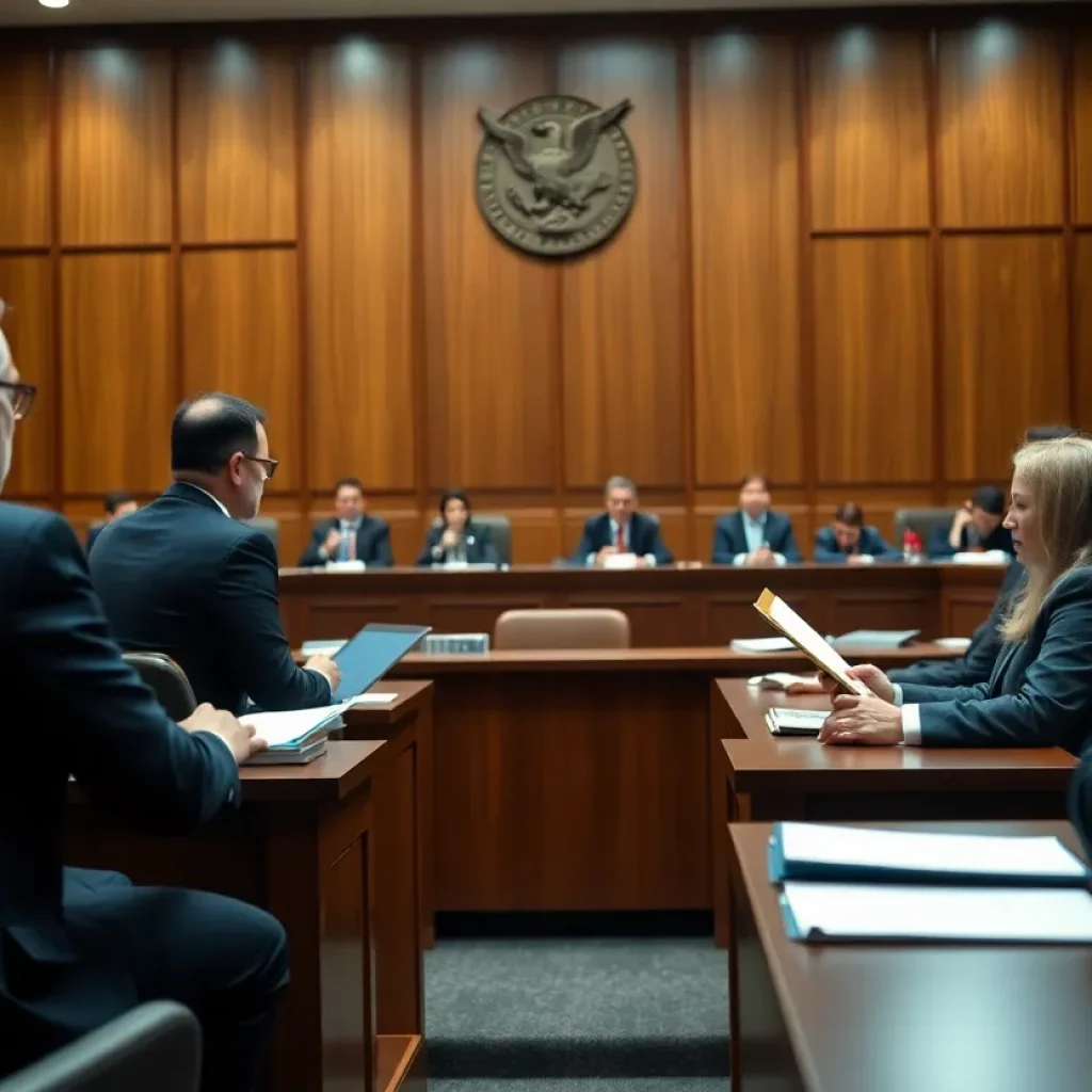 Lawyers discussing a sports law case in a courtroom setting