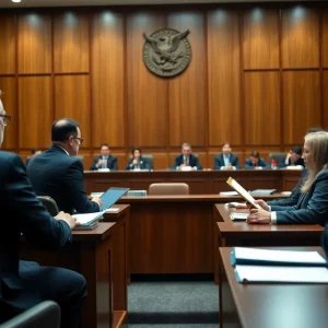 Lawyers discussing a sports law case in a courtroom setting
