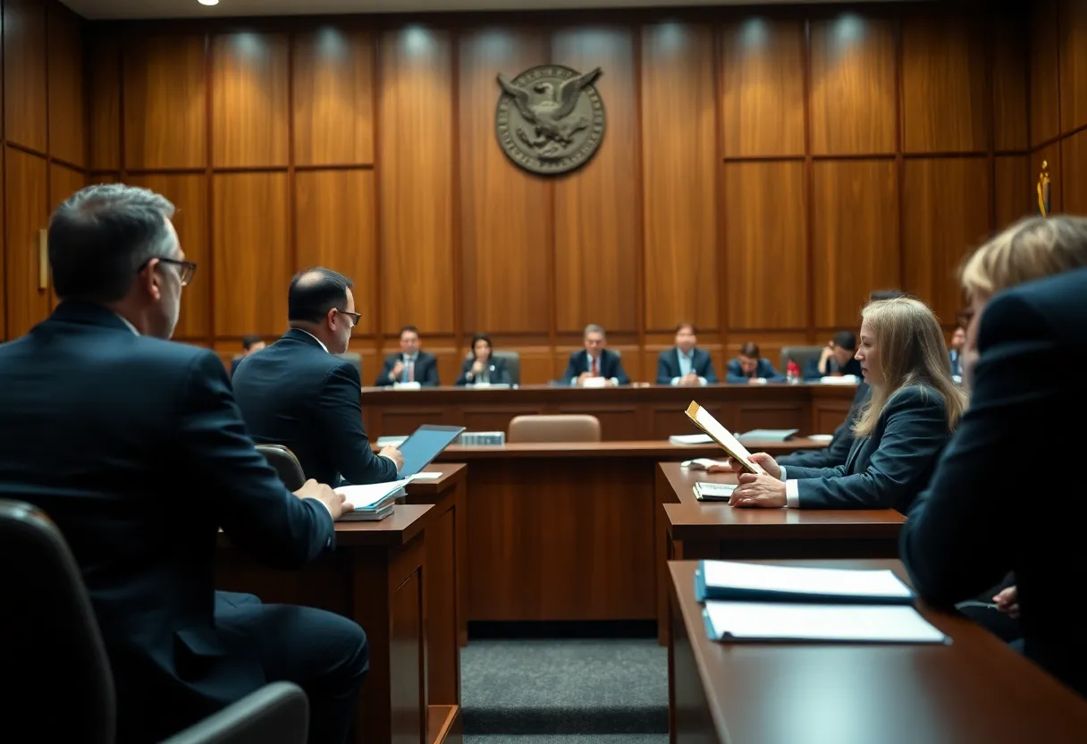 Lawyers discussing a sports law case in a courtroom setting