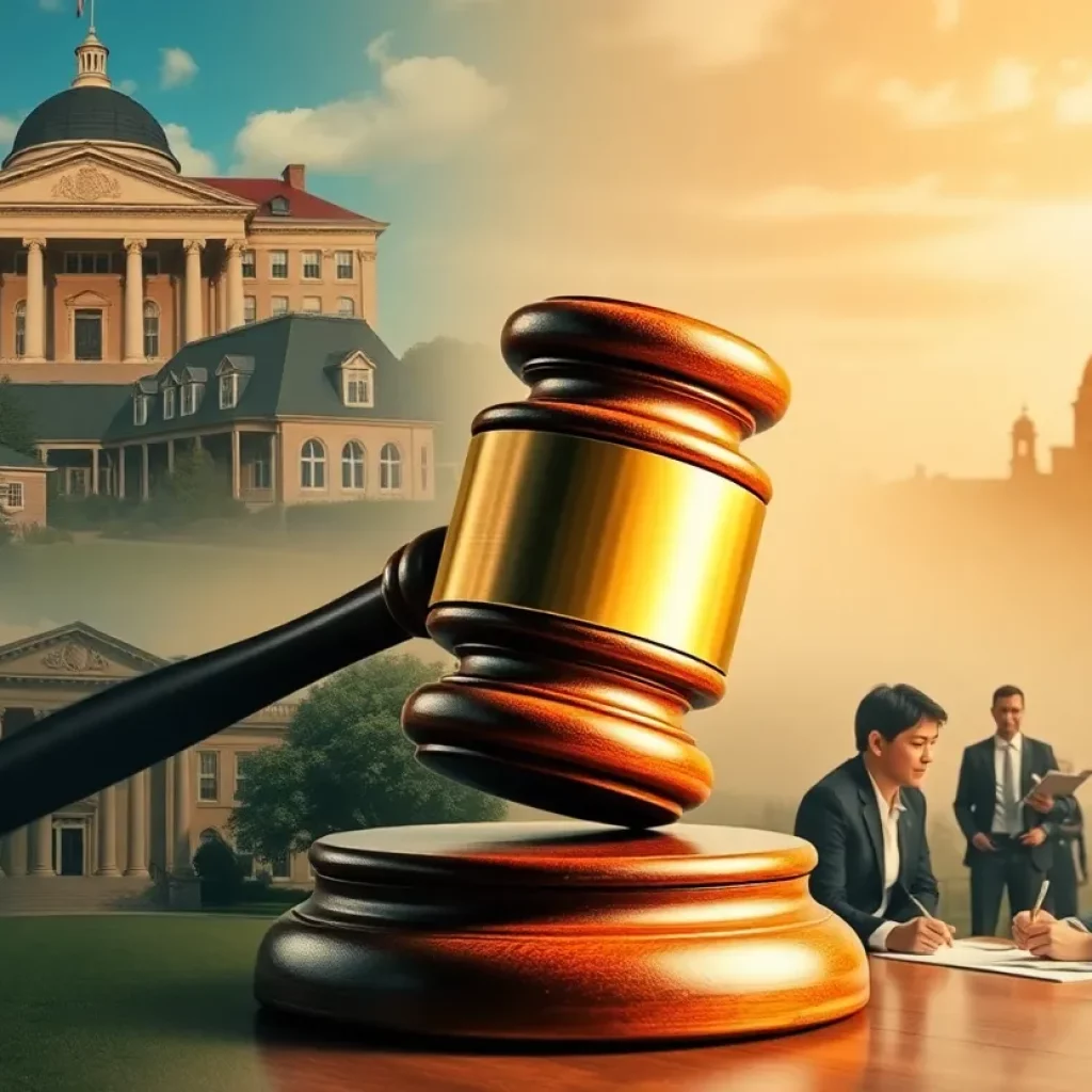 Representation of university campuses and legal symbols addressing antisemitism