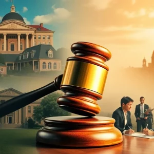 Representation of university campuses and legal symbols addressing antisemitism