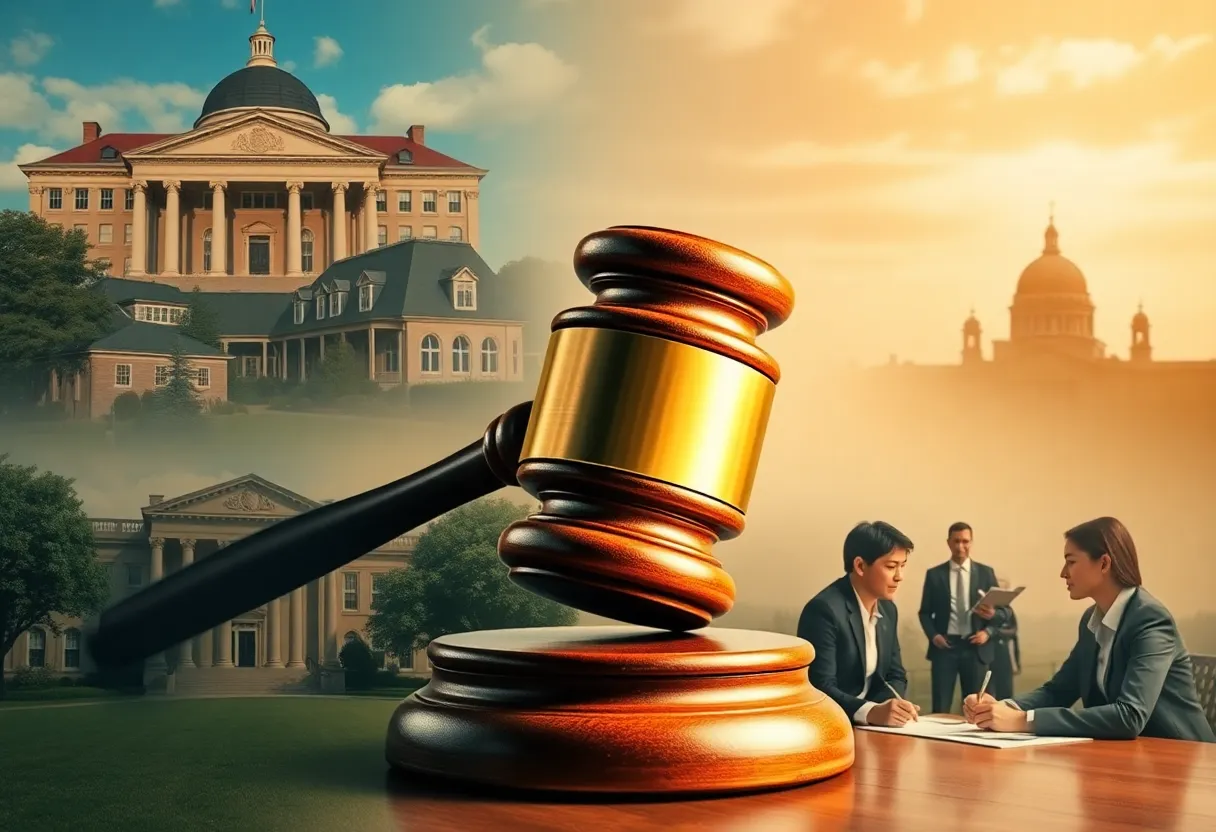 Representation of university campuses and legal symbols addressing antisemitism