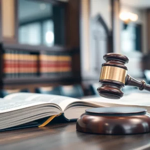 A dramatic courtroom scene depicting a legal battle over advertising ethics.