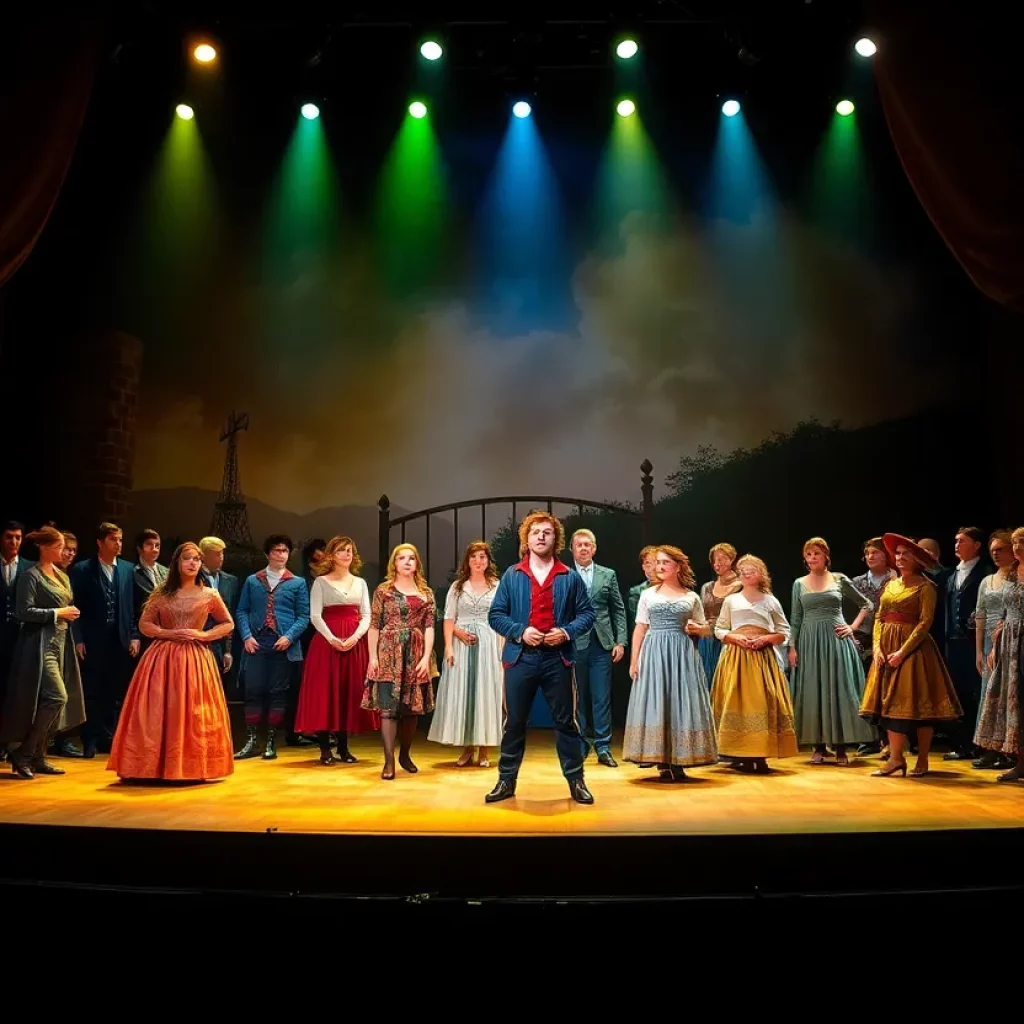 Scene from Les Misérables featuring the cast performing on stage.
