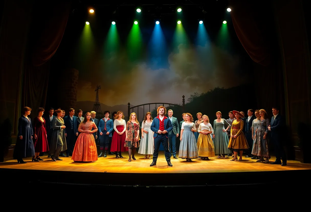 Scene from Les Misérables featuring the cast performing on stage.