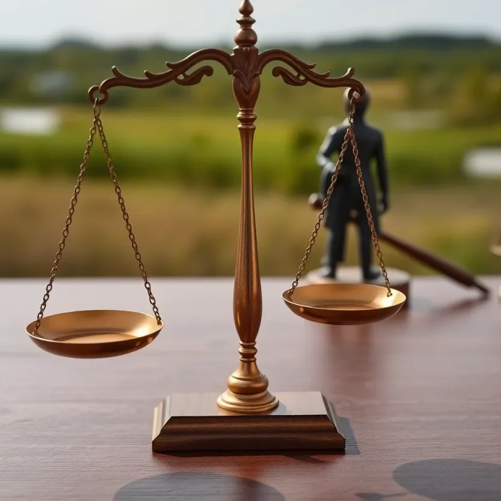 Justice scale with symbols of injury law in Louisiana