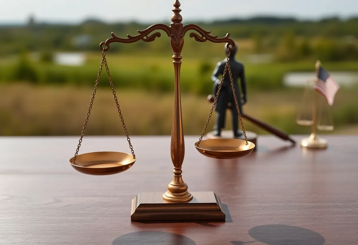 Justice scale with symbols of injury law in Louisiana