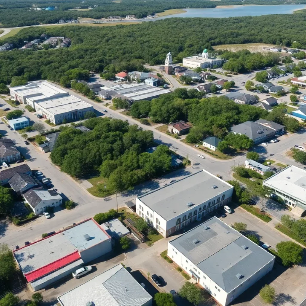 Aerial view showing diverse commercial properties in Lowcountry SC