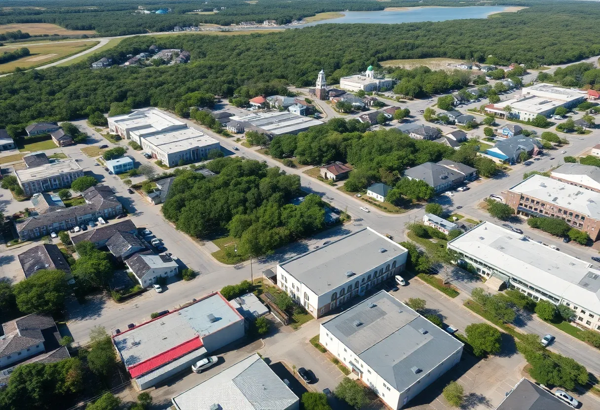 Aerial view showing diverse commercial properties in Lowcountry SC