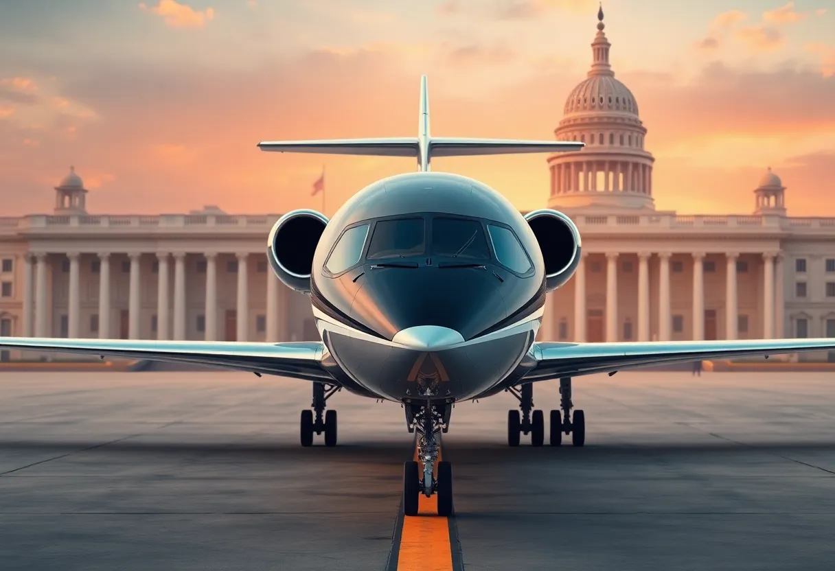 Image of a luxury jet symbolizing political controversy over government dealings.