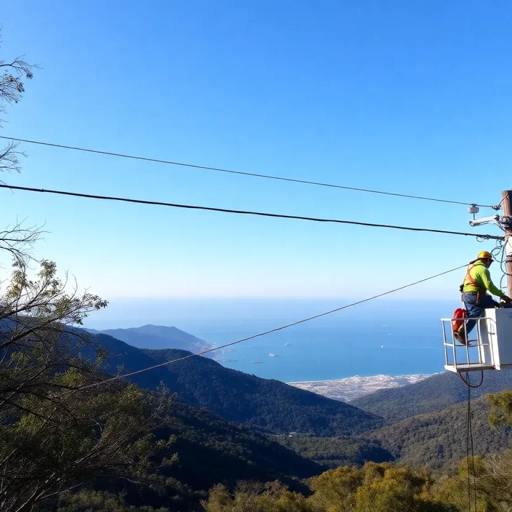Tree trimming equipment near power lines in Malibu