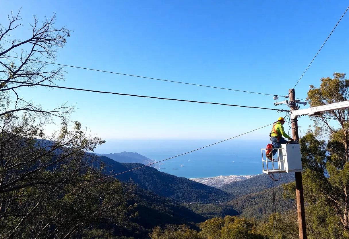 Tree trimming equipment near power lines in Malibu
